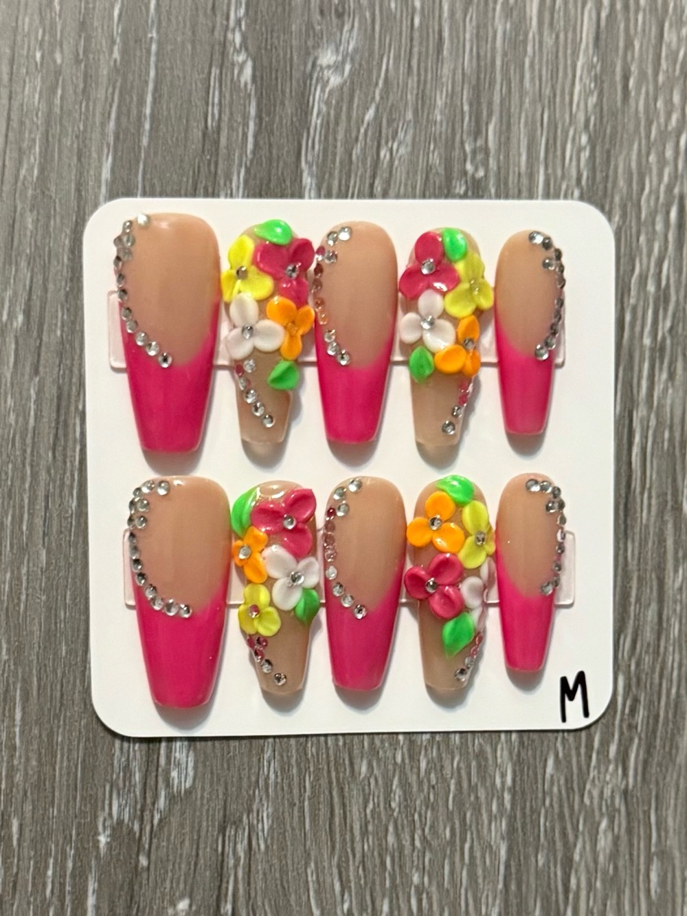 Pink Floral 3D Rhinestone Press-On Nail Set